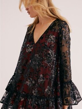 Free People Burgundy Mini Dress with Black Lace Overlay